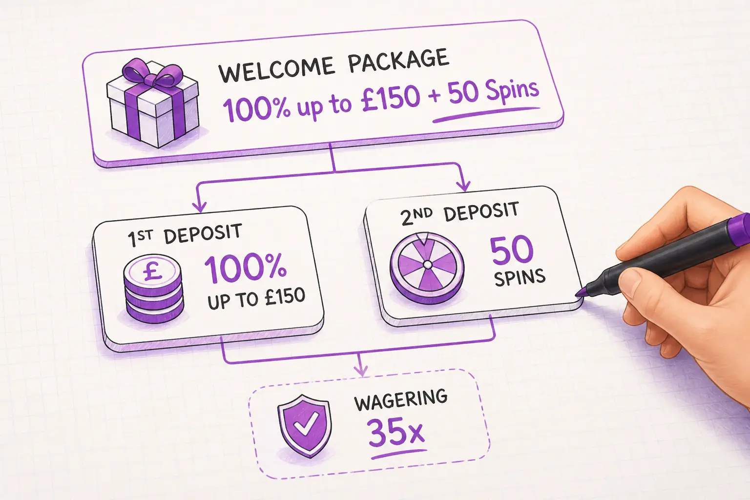 Kachingo Casino Bonus – 100% up to £150 + 50 Spins visual guide for Kachingo